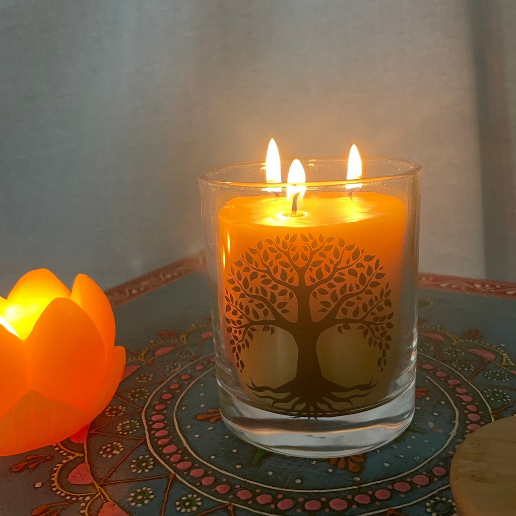 Tree of life beeswax candle in glass Happy Flame Tree of life candle with our conventional beeswax: $49.50