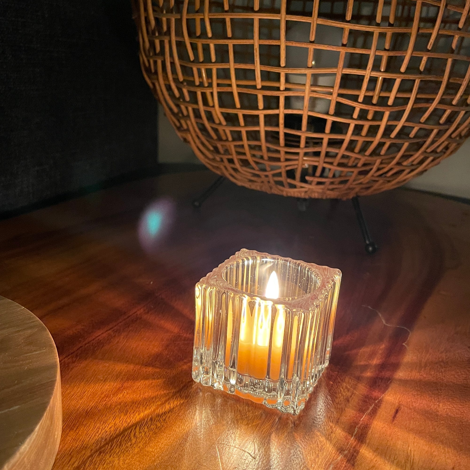 Square ribbed glass tea light candle holder