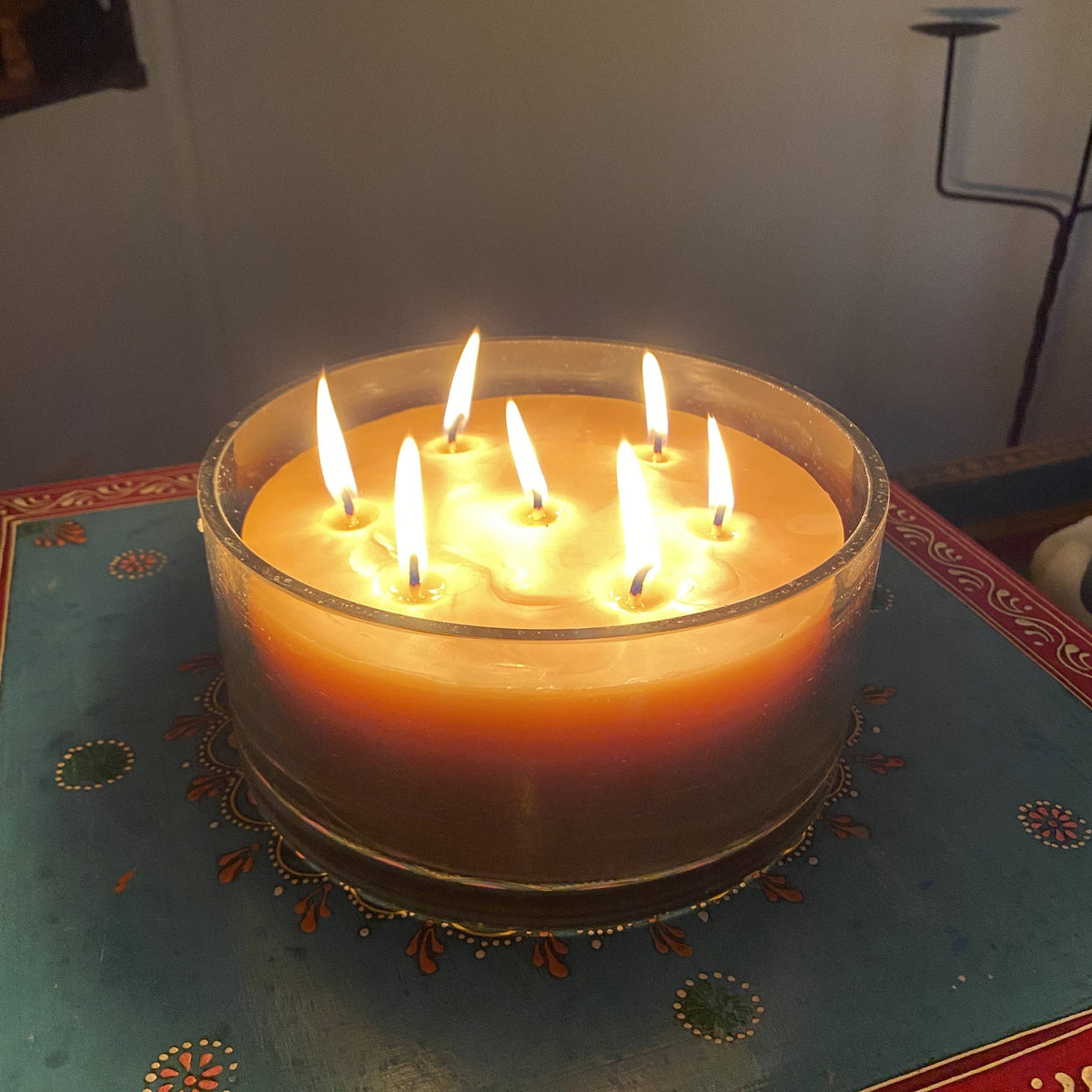 Seven wick candle light made from Australian Certified Organic beeswax. Long burning Solid candle Happy Flame Seven wick candle light with glass