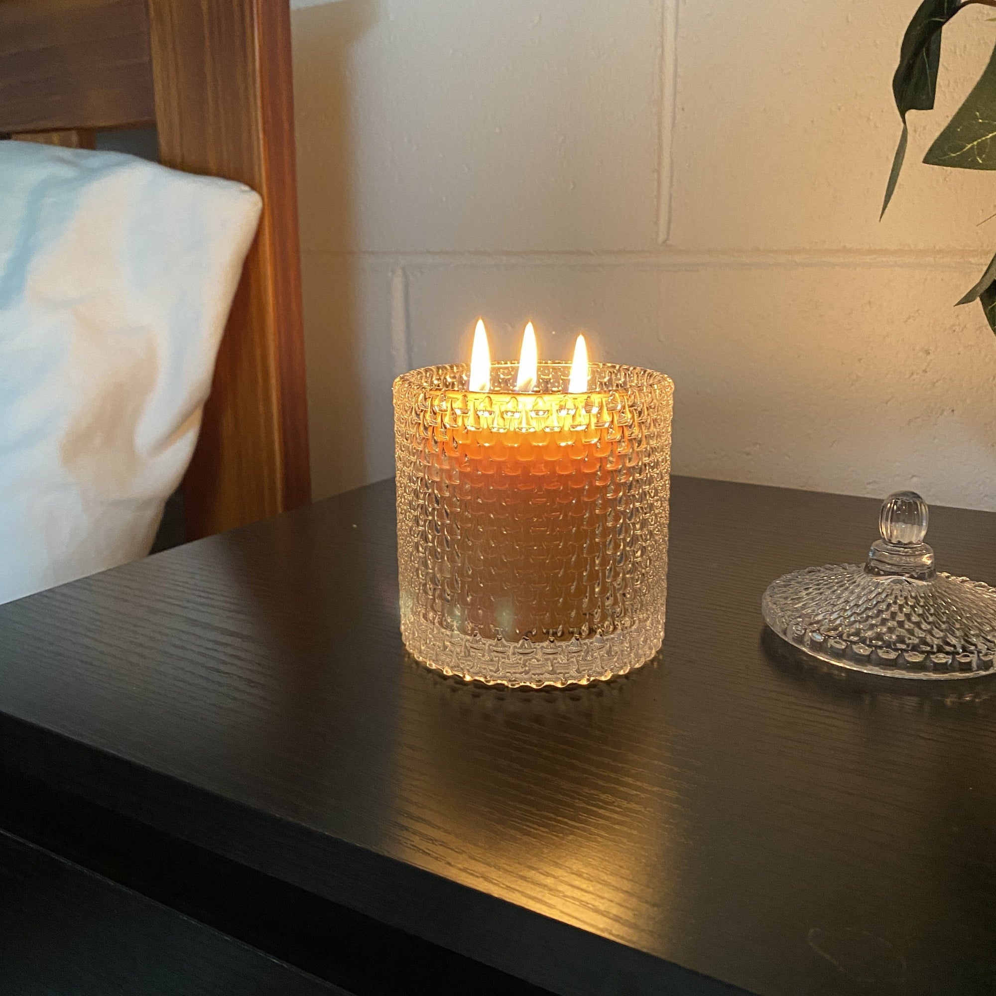 Triple wick candle in glass- certified organic beeswax certified organic Happy Flame