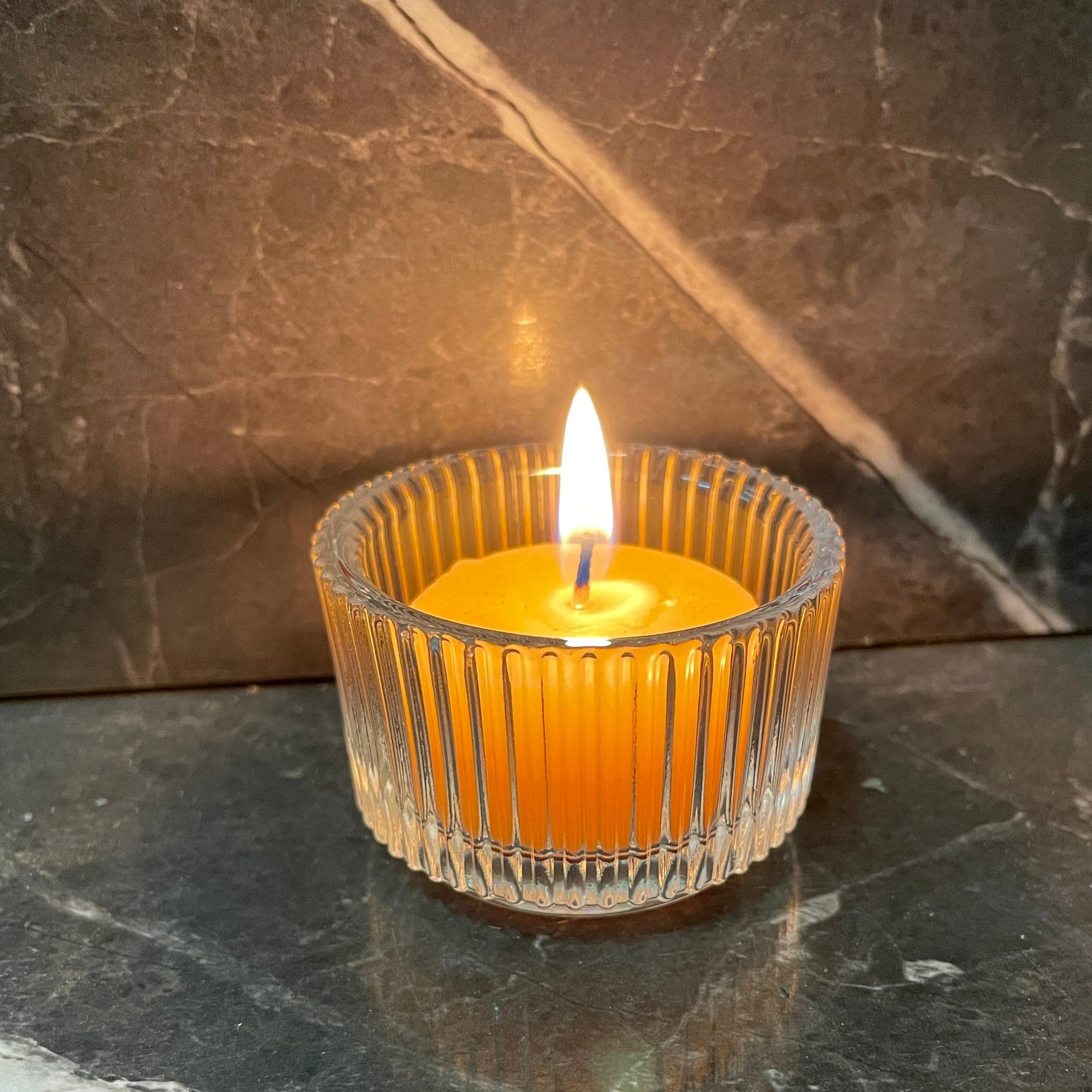 Glass Tea Light (4 hour tea light) holders Beeswax Tea lights Happy Flame Cut glass style glass holder $3.00