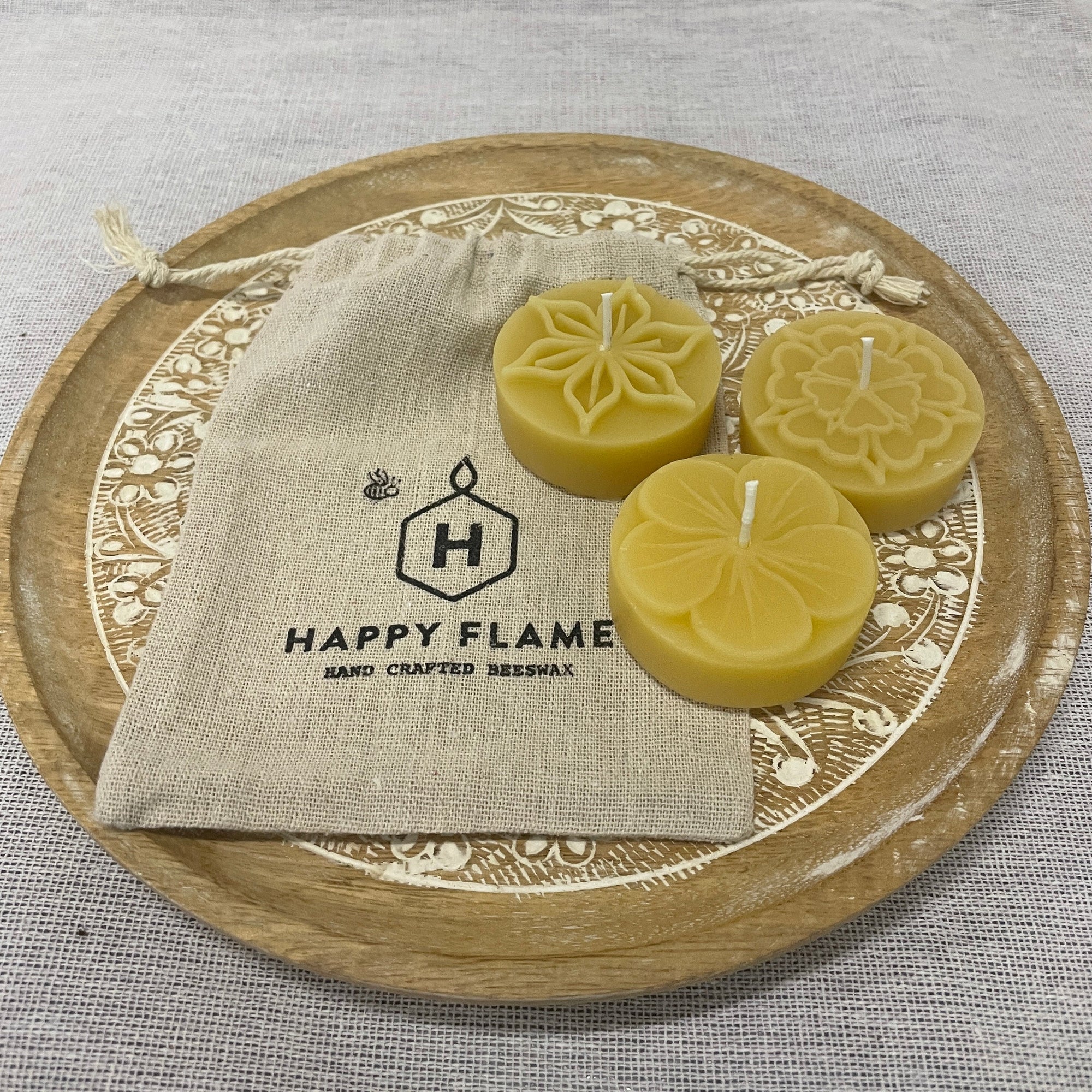 Set of 3 x Embossed Meditation candles- Made from 100% Australian Beeswax Happy Flame