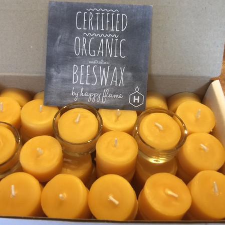 Happy Flame Beeswax Tea lights 4 hour tea light candles made of Australian Certified Organic beeswax