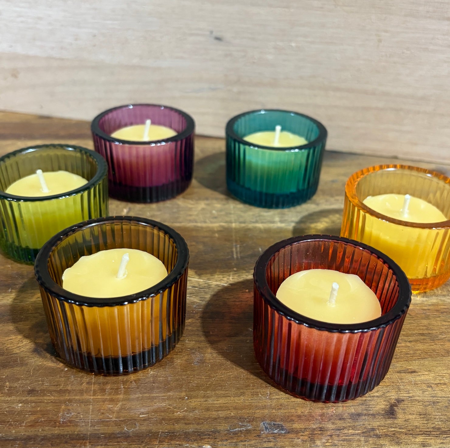 Ribbed colour glass tea light candle holders