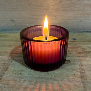 Ribbed purple colour glass tea light candle holder and candle - Happy Flame