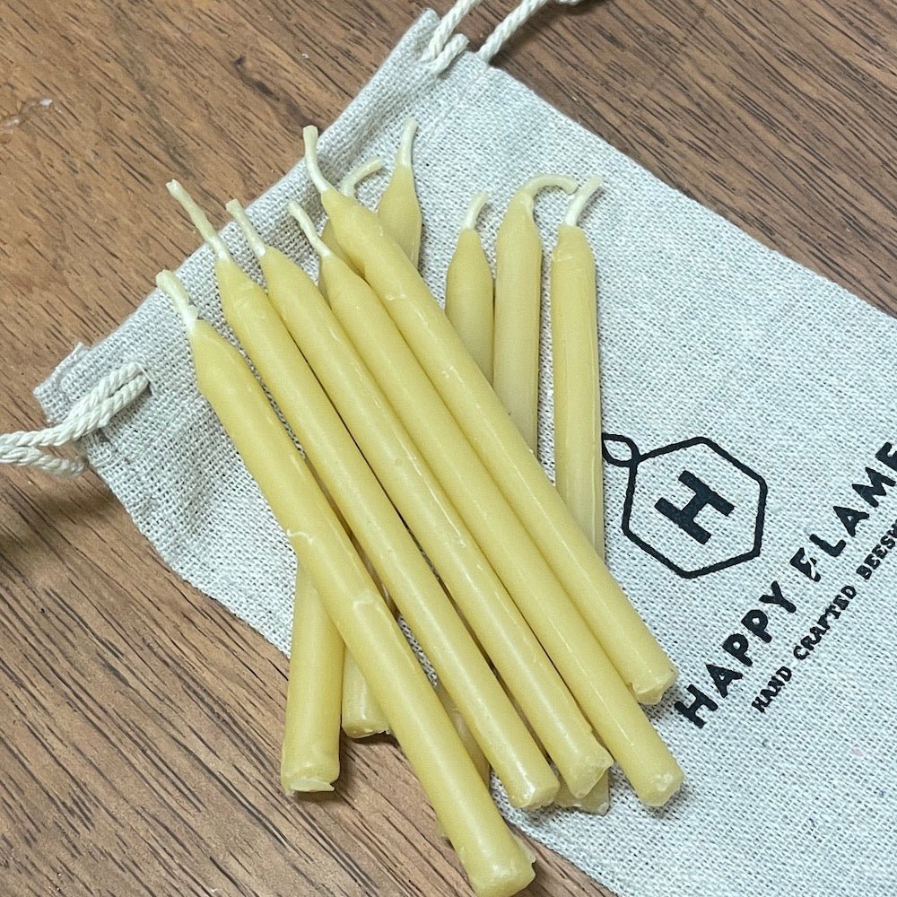 Beeswax birthday, wish and celebration candles (10 x candles) packaging - Happy Flame