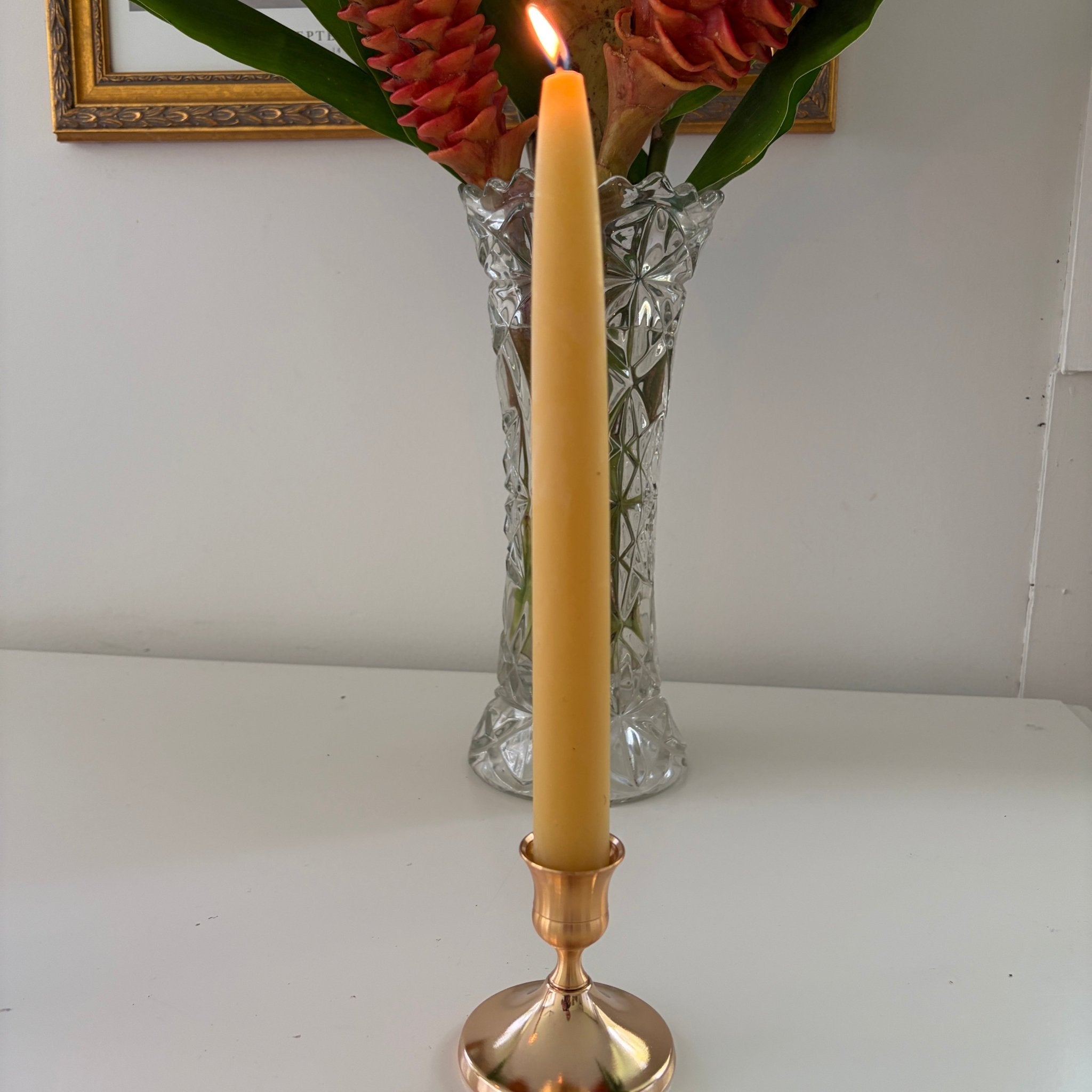 Traditional Beeswax taper candle stick in gold holder