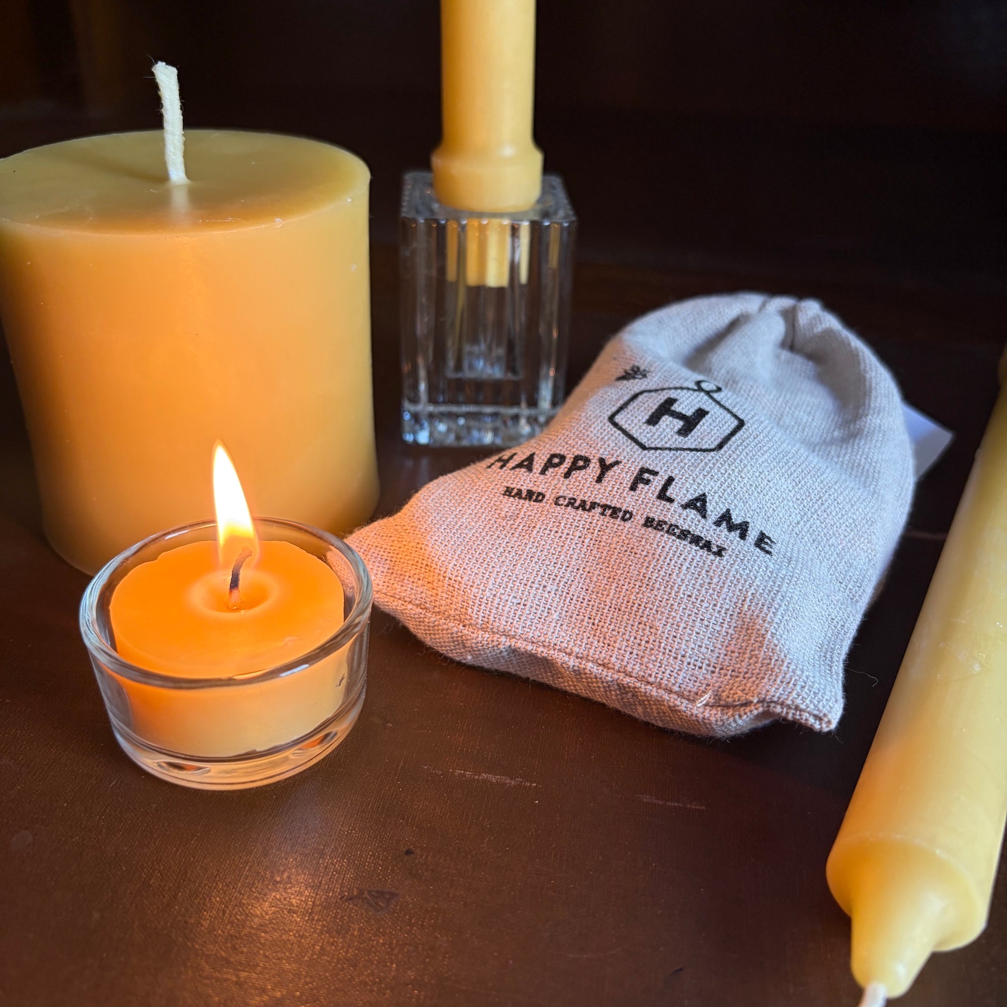 Beeswax Complete Candlelight Experience - including a beeswax Pillar, Candlestick & Tea Light candle Collection - Happy Flame