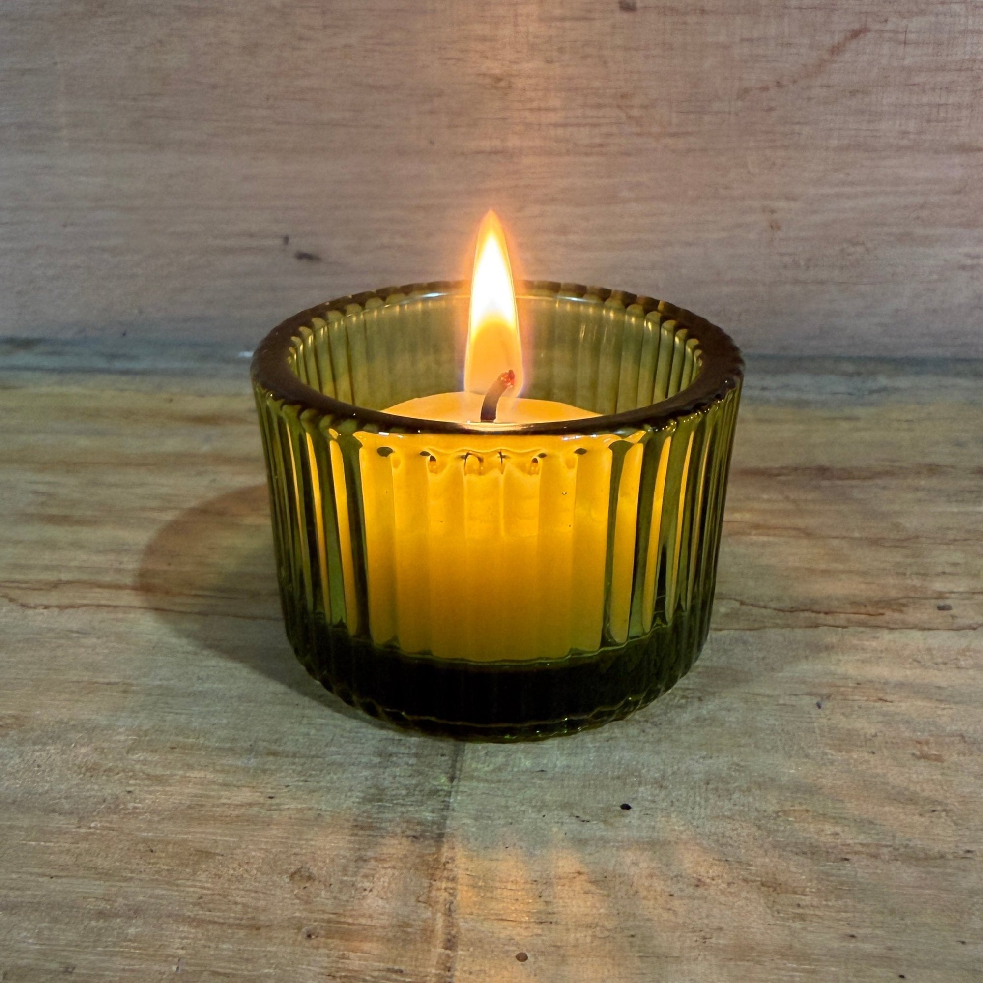 Ribbed green colour glass tea light candle holder and candle - Happy Flame