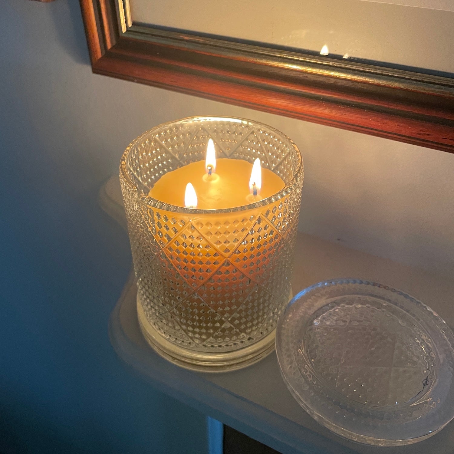 Raindrop triple wick beeswax candle in glass holder- Happy Flame