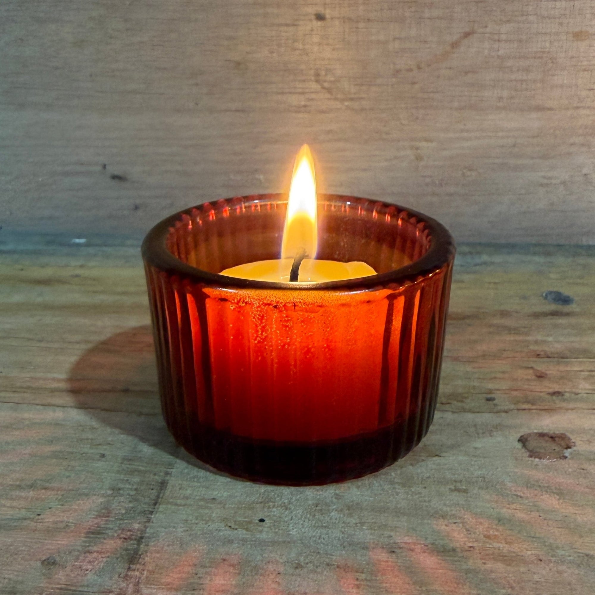 Ribbed red colour glass tea light candle holder and candle - Happy Flame
