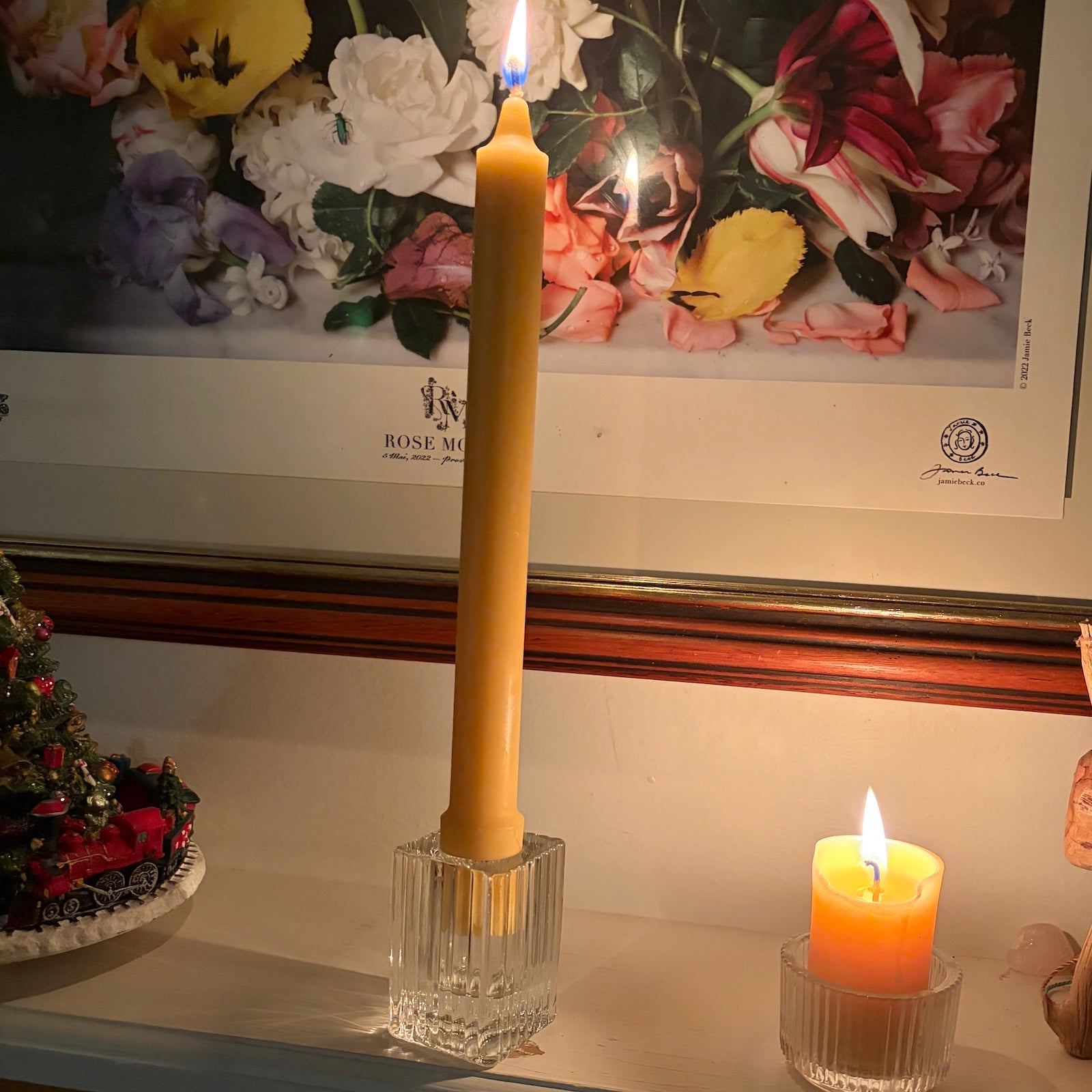 Ribbed glass candle stick holder with beeswax candle- Happy Flame