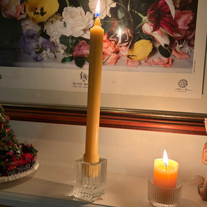 Ribbed glass candle stick holder with beeswax candle- Happy Flame