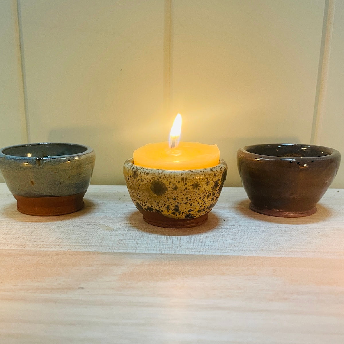 3 x Beeswax ceramic holders from Happy Flame lit