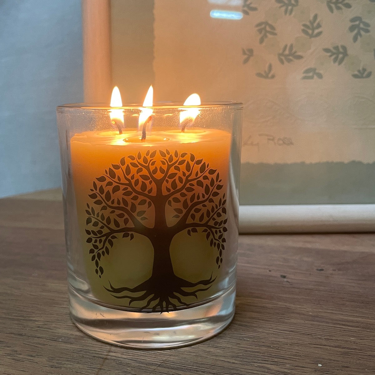 Tree of life beeswax candle in glass Happy Flame Tree of life candle with our Australian beeswax