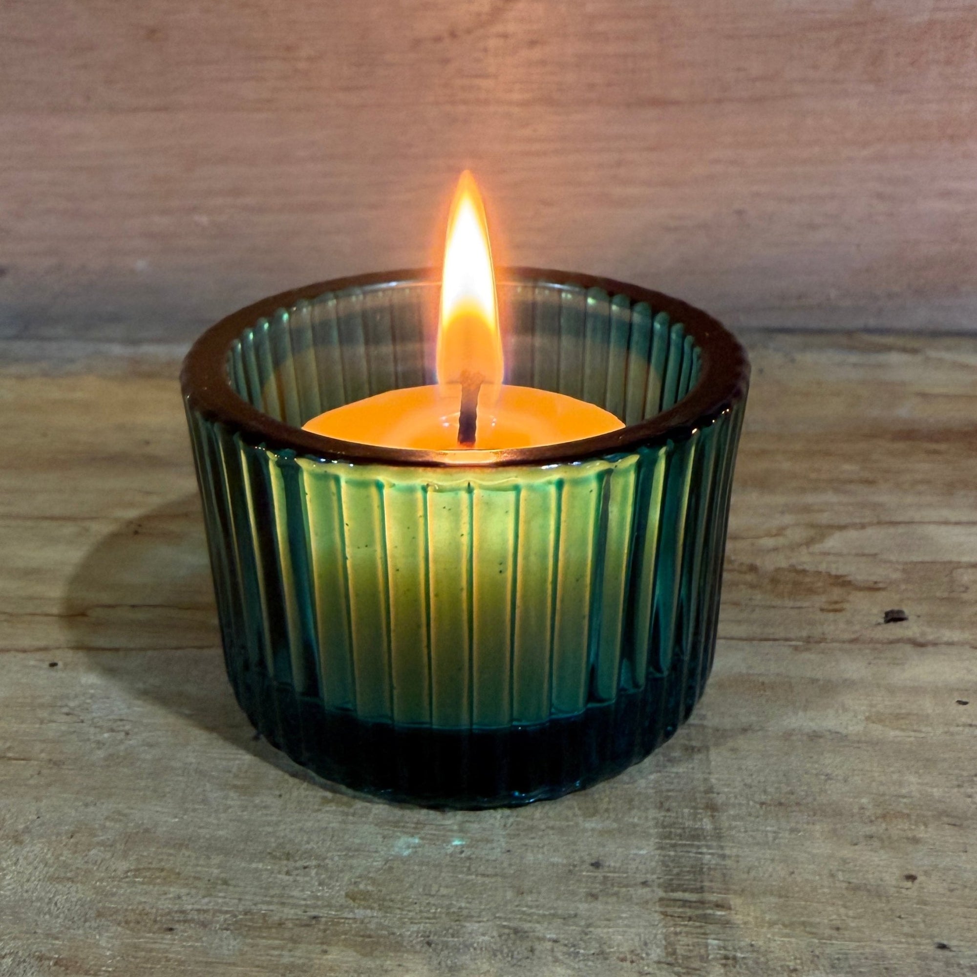 Ribbed blue colour glass tea light candle holder and candle - Happy Flame