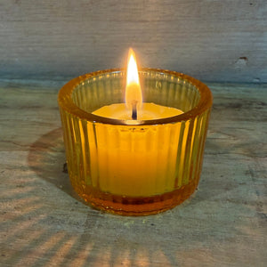 Ribbed yellow colour glass tea light candle holder and candle - Happy Flame