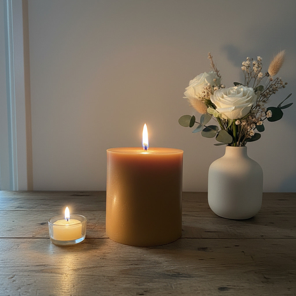 200 hour Reflection Beeswax Pillar Candle with glass plate - Happy Flame