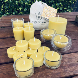 New "Warm & cosy" candle pack- 215 hours of candle light certified organic Happy Flame Warm & cosy pack certified organic beeswax: $ 120.00 