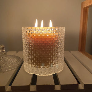 Triple wick candle in glass- certified organic beeswax certified organic Happy Flame Triple wick with "sparkle" glass holder 