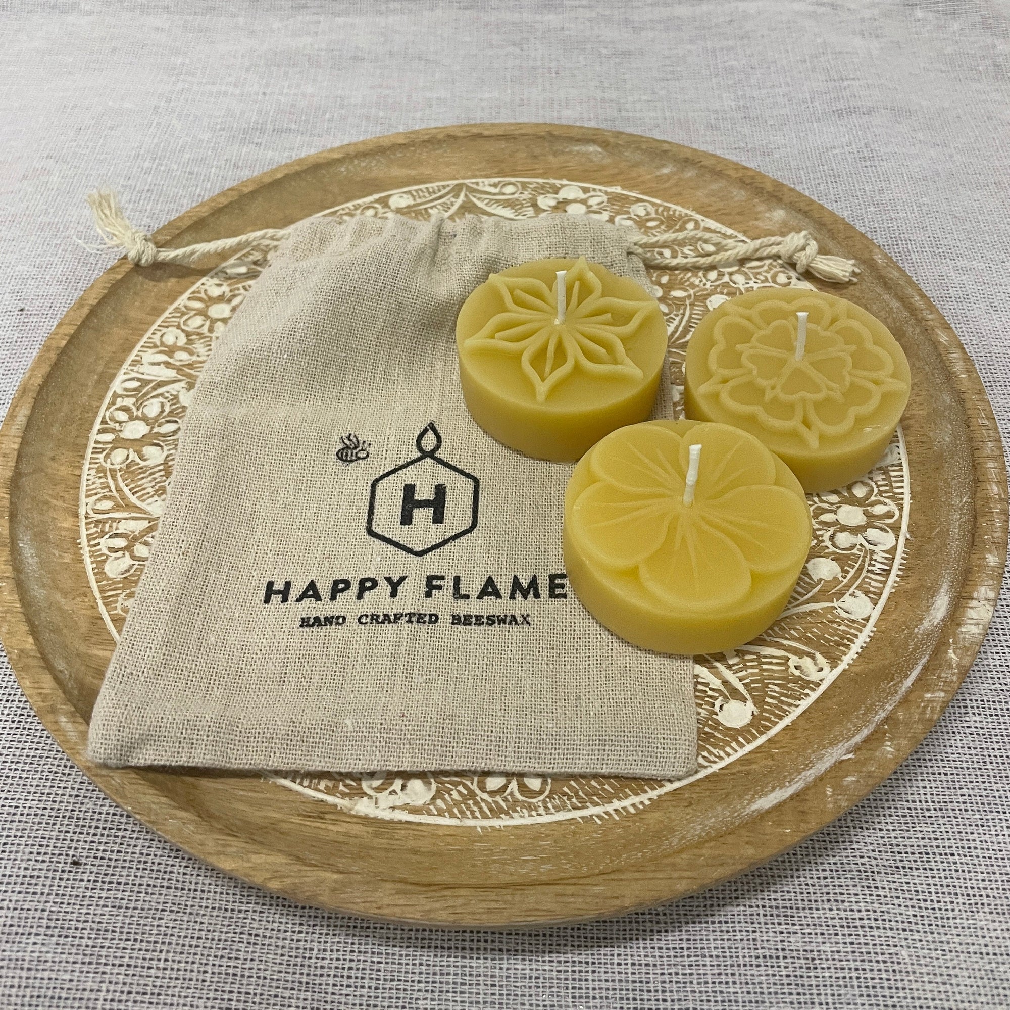 Set of 3 x Embossed Meditation candles- Made from 100% Australian Beeswax Happy Flame 