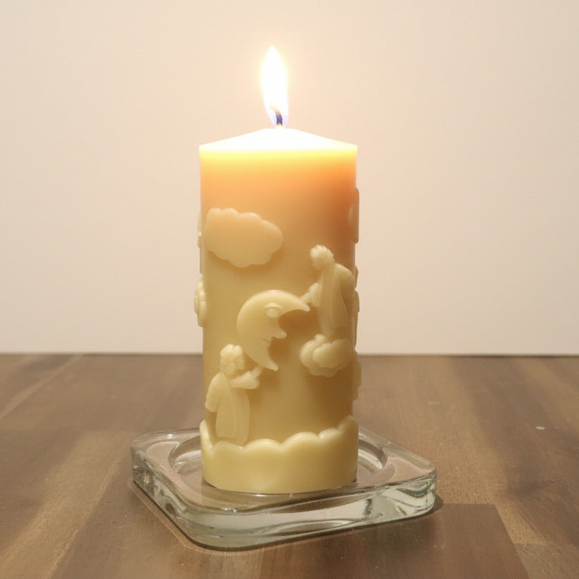 Angel Beeswax Candle  on a wooden table- Happy Flame