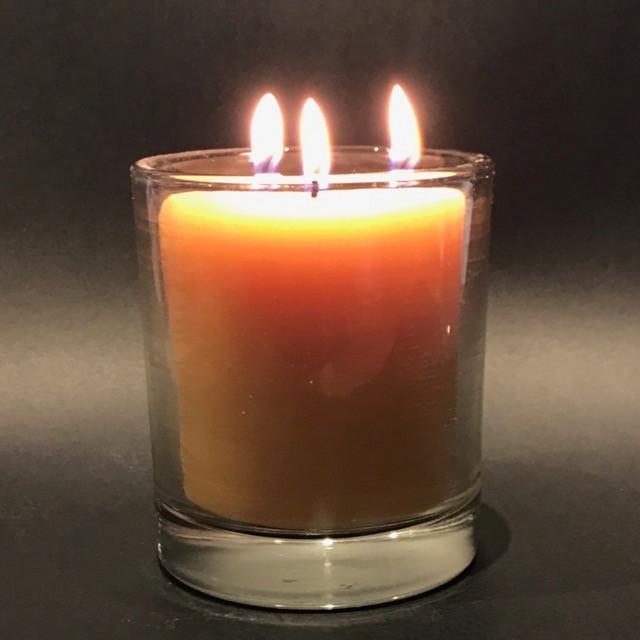 Happy Flame certified organic Triple wick candle in glass- certified organic beeswax
