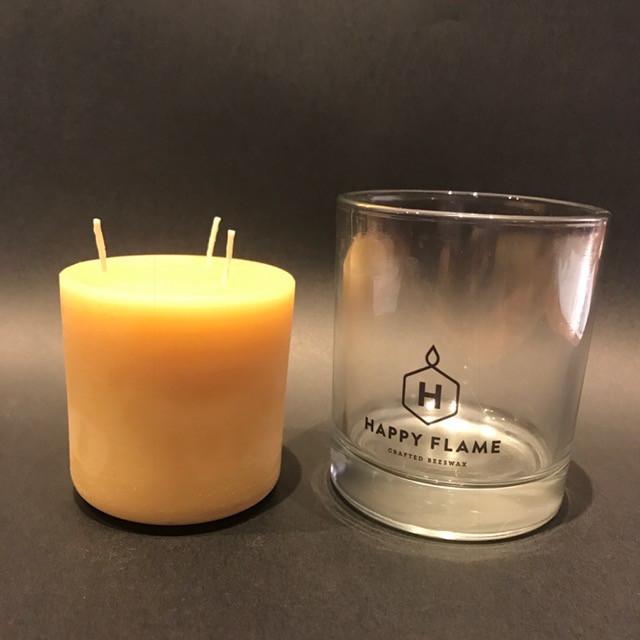 Happy Flame certified organic Triple wick candle in glass- certified organic beeswax