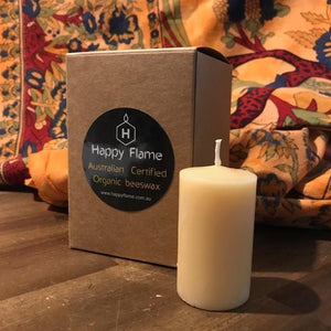 Mullumbimby Lights Small Beeswax Pillar Candle 4 - Happy Flame